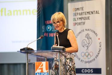 La présidente du Département de l'Aude Hélène Sandragné à l'annonce du passage de la flamme olympique dans l'Aude.