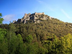 vue sur les remparts d'un chateau depuis le bas d'une coline