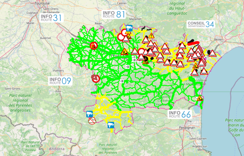 La situation du réseau routier dans l'Aude ce lundi 19 janvier au matin. Inforoute11.fr