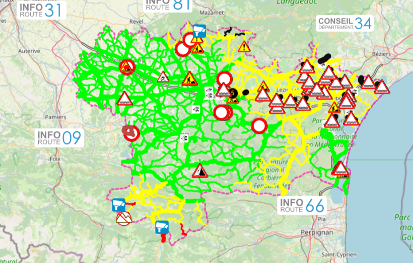 L'état du réseau routier ce mardi 20 janvier au matin, dans l'Aude.