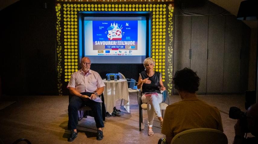 Lancement de la campagne Savourez l'été dans l'Aude avec Hélène Sandragné et Jean-Luc Durand.