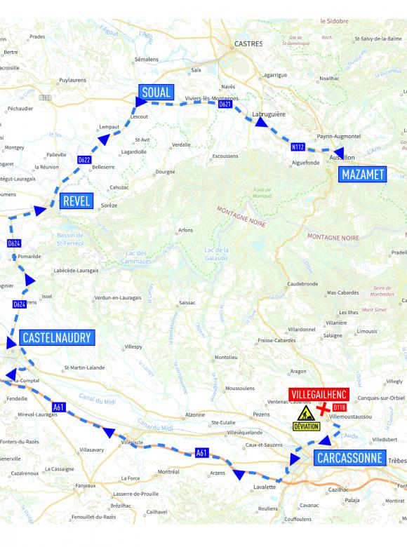 Plan de déviation pour les poids lourds dans le cadre du chantier de reconstruction du pont de Villegailhenc, dans l'Aude