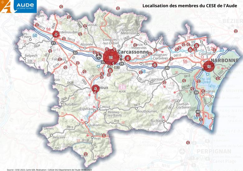 Carte de localisation des membres du CESE dans l'Aude