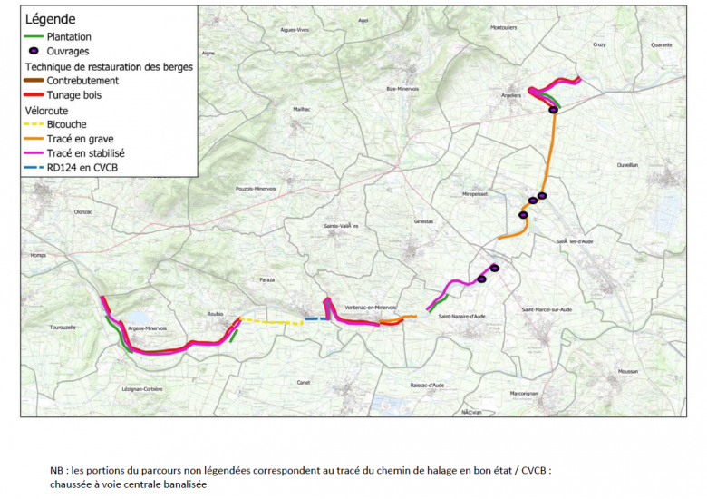 tracé de la véloroute dans l'Aude